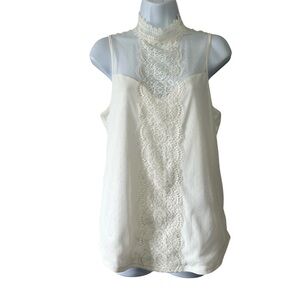 Express Women's Ivory Mock Turtleneck Lace Sleeveless Lined Blouse Top- Medium